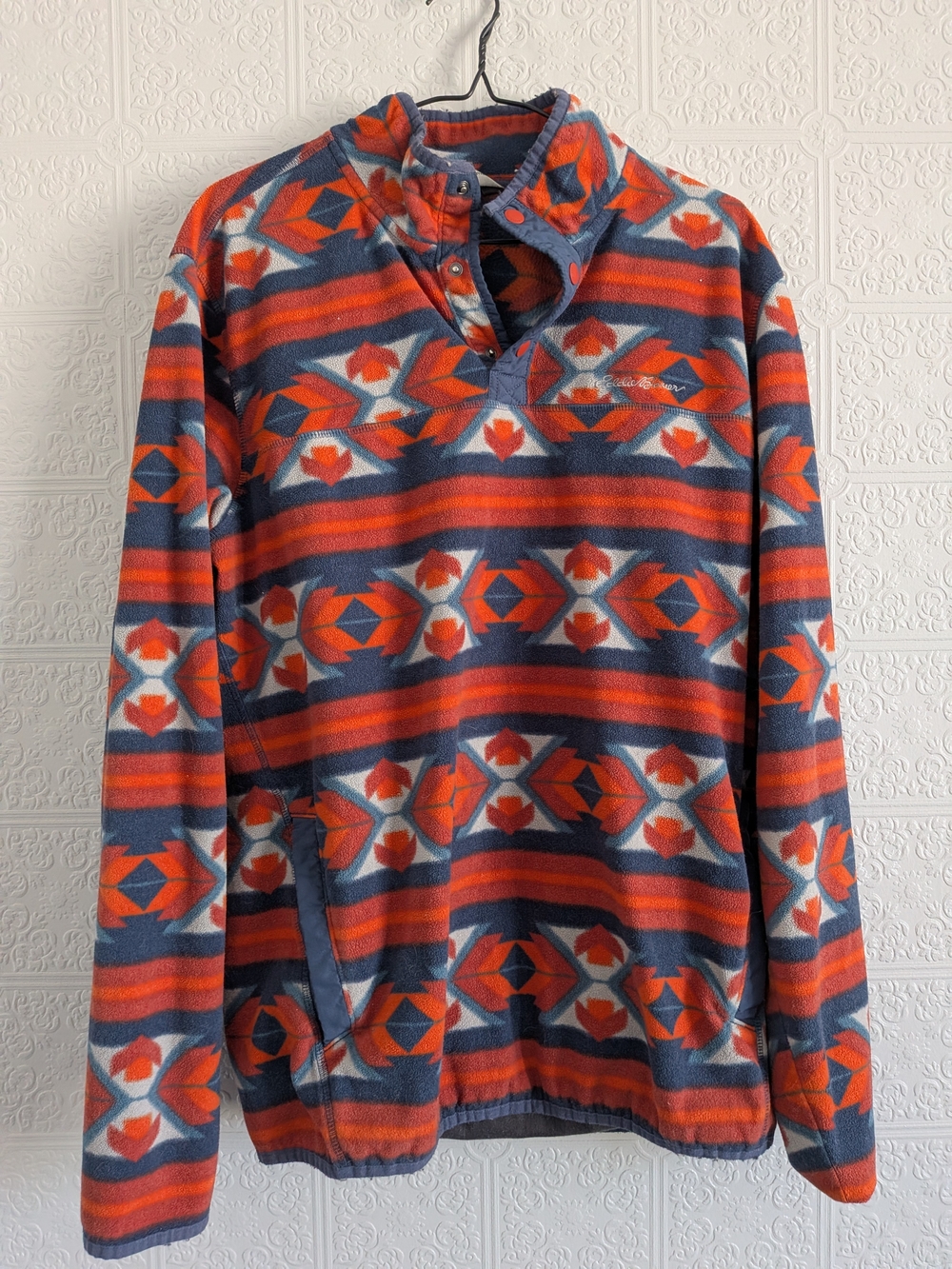 Eddie Bauer Orange and Blue Patterned Fleece Pullover